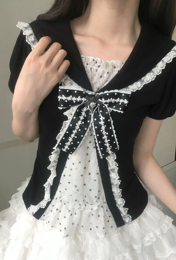 Sweet Polka Dot Sailor Collar Blouse, Elastic Waist Skirt (L M S) 45346:850199