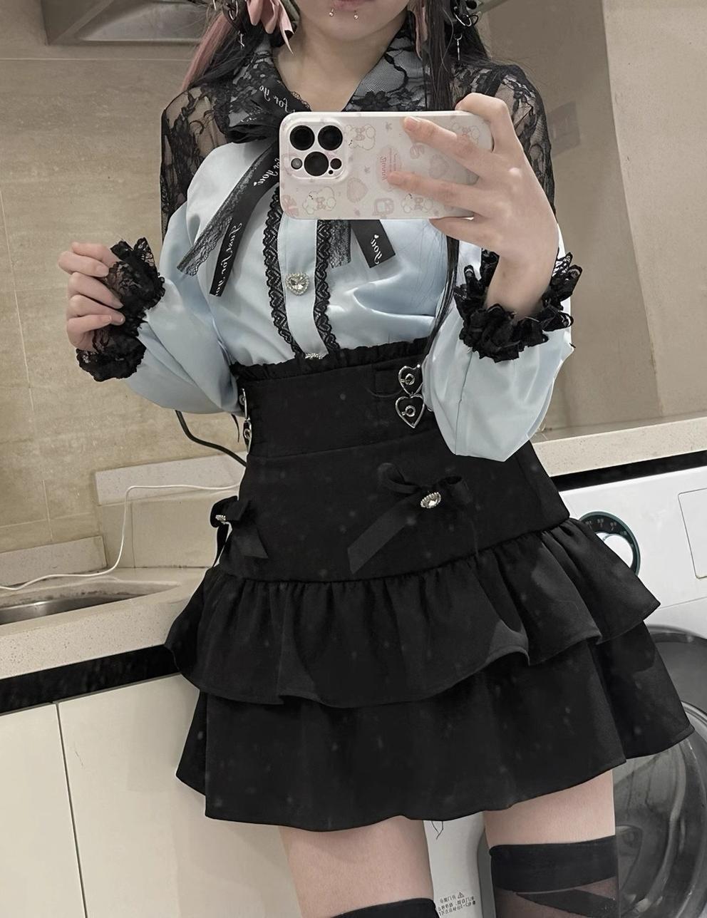 Jirai Kei Lace Shoulder Blouse + High-Waisted Tiered Skirt (L M S) 43503:778812