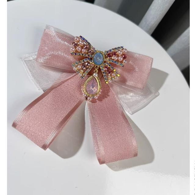 Kawaii Fashion Pink Bow Tie Rhinestone Brooch 21852:320438 21852:320438