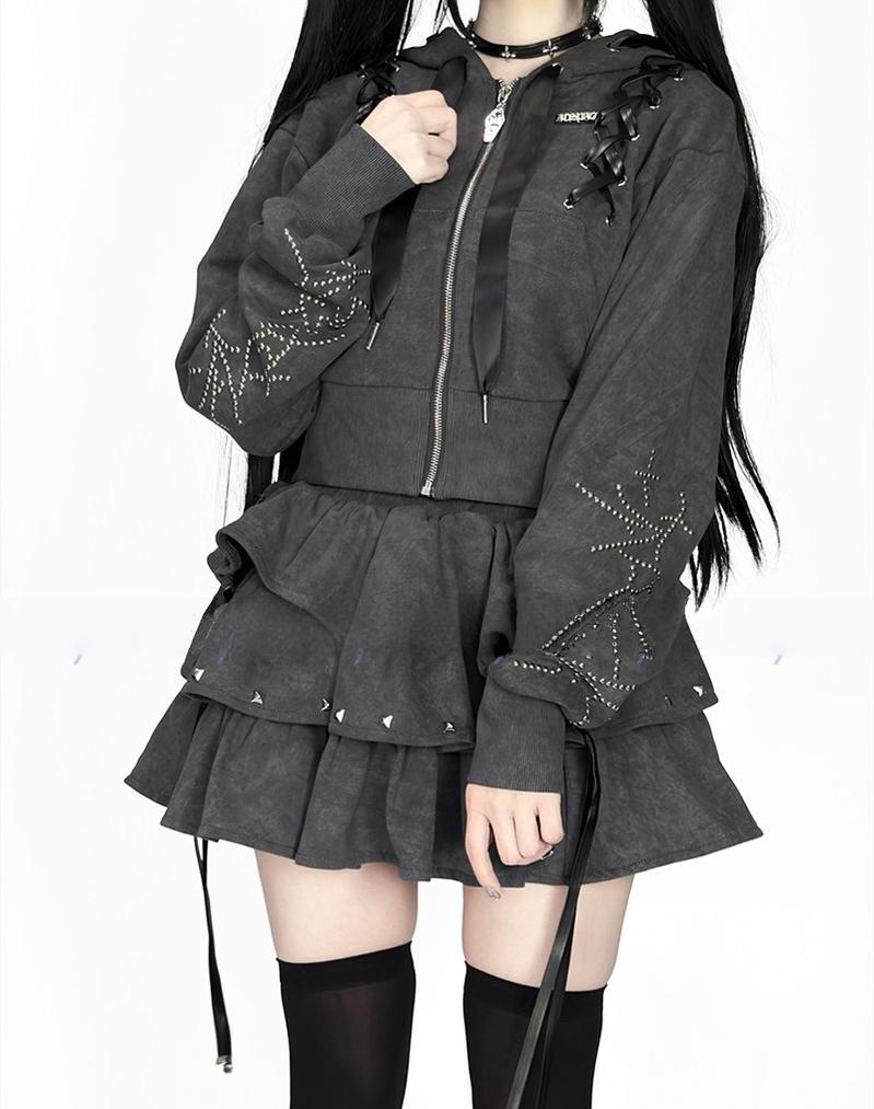 Subculture Skirt Outfit, Short Zipper Closure Hoodie 44484:816752