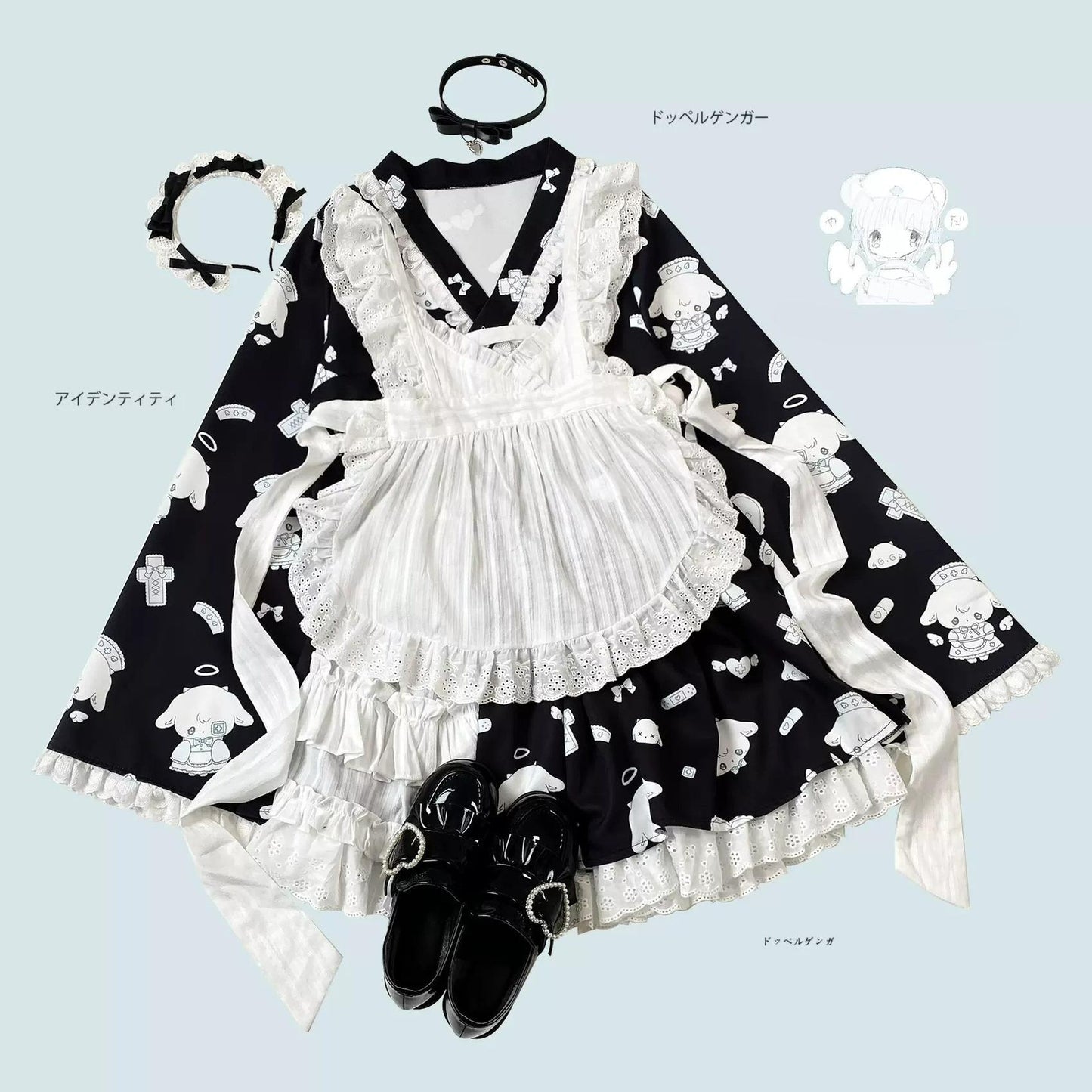 Tenshi Kaiwai Patchwork Skirt Kimono Top White Apron Three-Piece Set 36786:536952