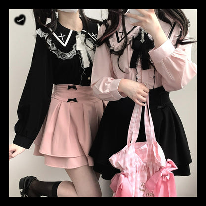 Jirai Kei Blouse Sailor Collar Shirt Cross Lace Long Sleeve Blouse 36780:537508