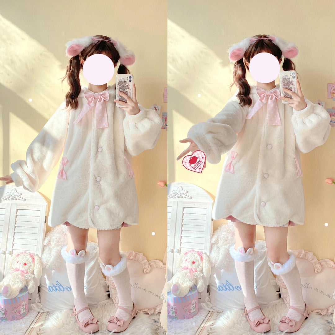 Jirai Kei Coat Sweet Bunny Ear Hoodie Long Fleece Coat 40938:682312