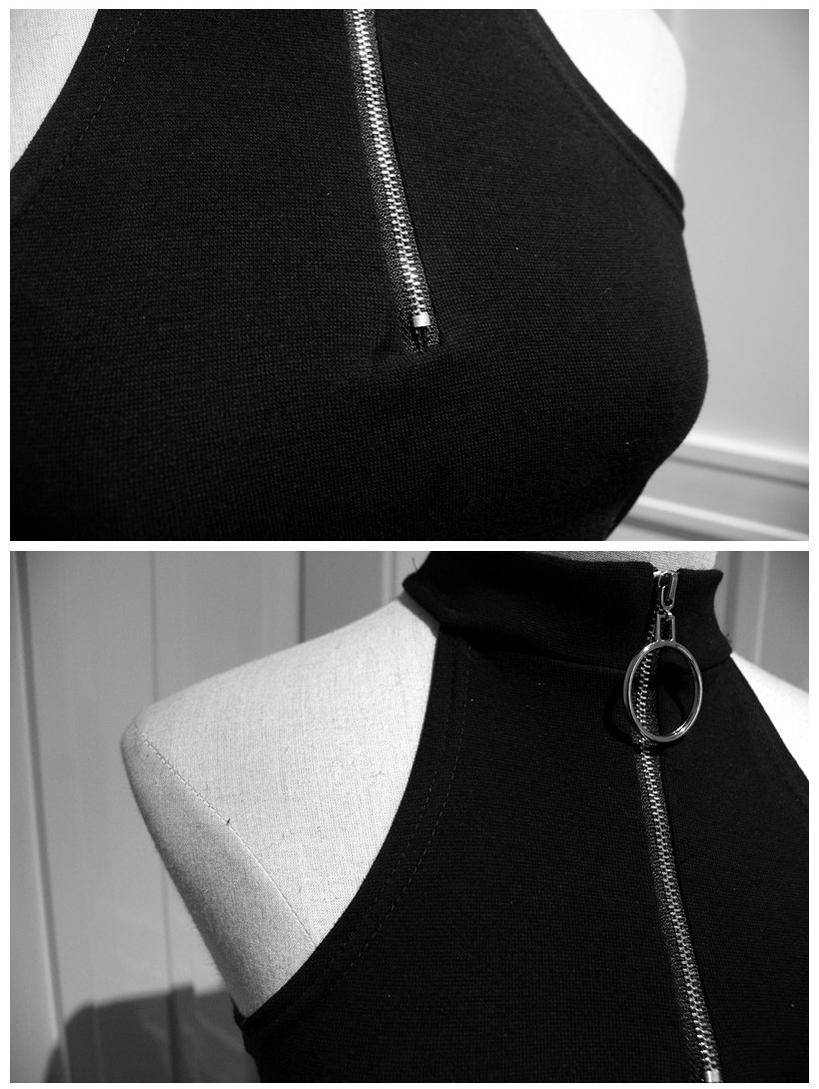 Gothic Style Crop Top High Neck Zipper Sleeveless Shirt 37474:560756