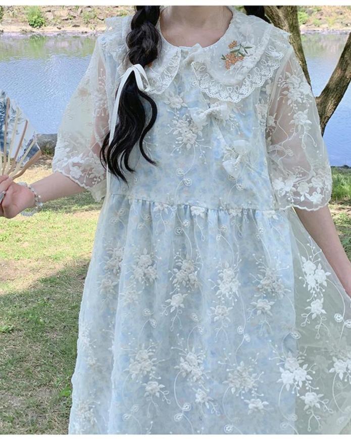 Kawaii Mori Kei Dress Blue Floral Sweet Dress 36206:523614