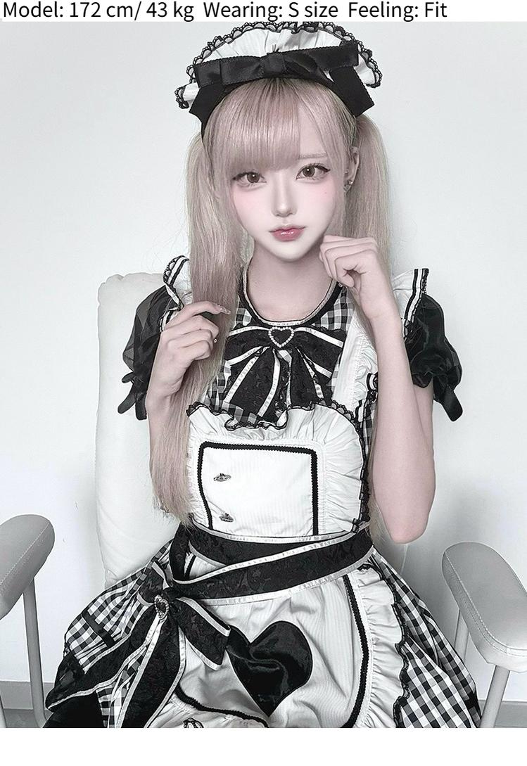 Plaid Jirai Kei OP Dress in Maid Style with Removable Apron 43004:763167