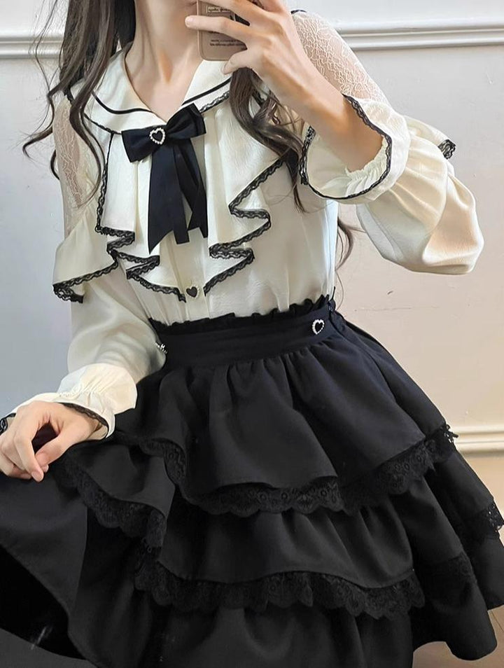 Jirai Kei Skirt Set Sailor Collar Blouse Flounce Hem Skirt 38158:644096