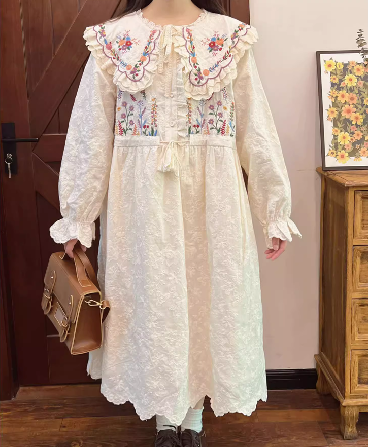 Cottagecore Dress Mori Kei Dress Embroidered Lace Dress 36214:524374
