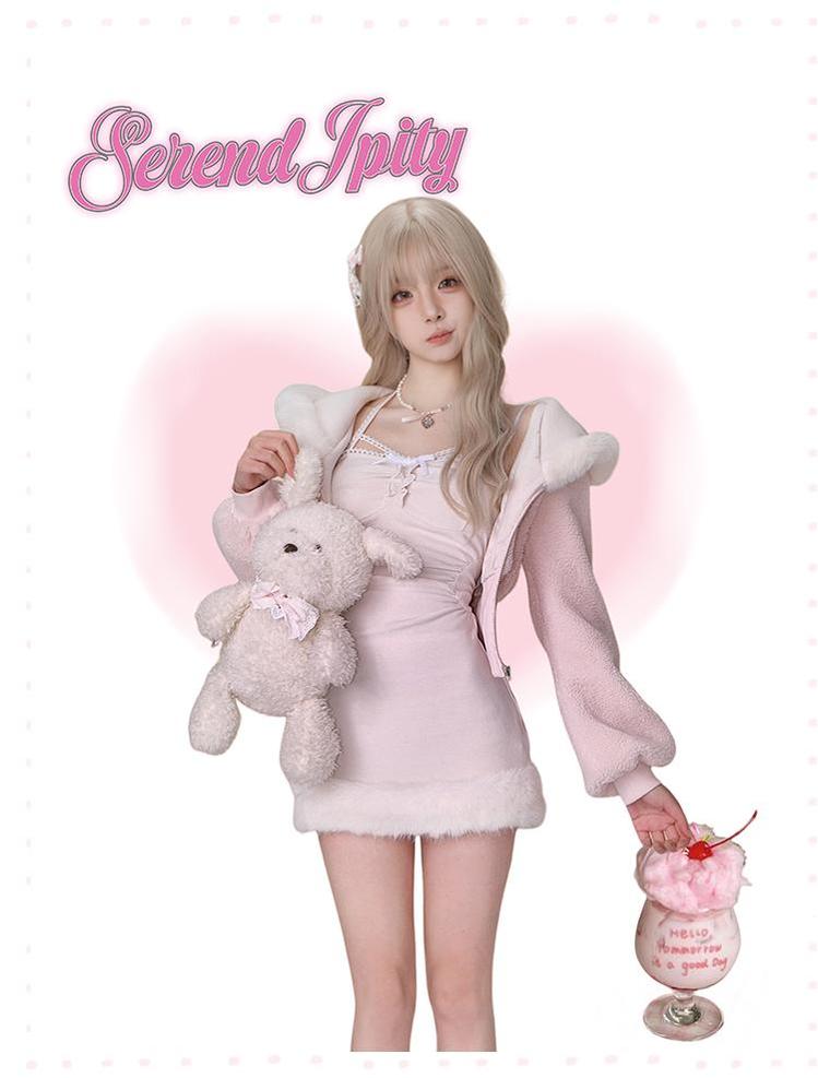 Kawaii Pink Fleece Winter Coat And Strappy Dress 41130:692142