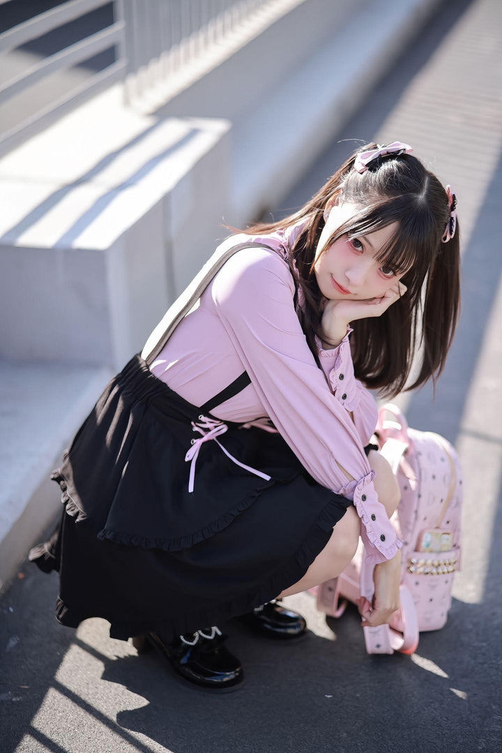 Jirai Kei Blouse Pink Blue Shirt Black Lace Up Skirt 21832:760685