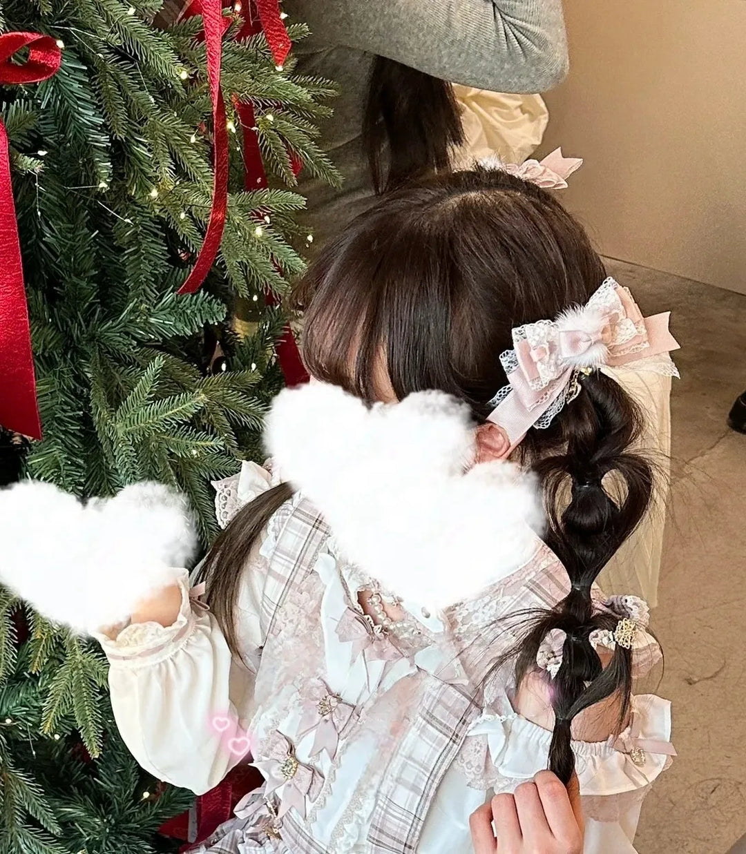 Jirai Kei Layered Bow Hair Clip, Soft Pom-pom 45566:855096