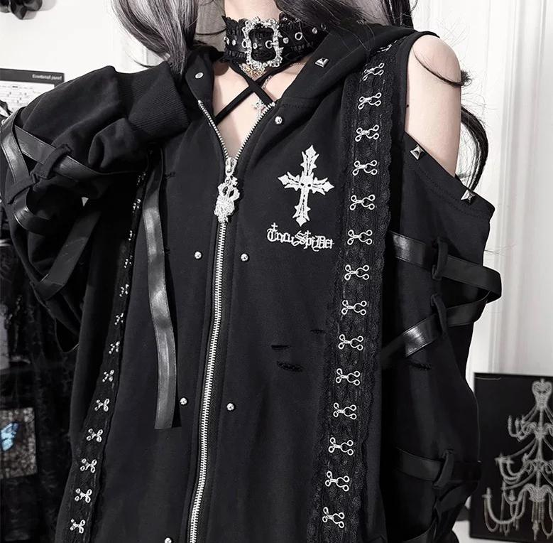Gothic Open-Shoulder Hoodie Jacket with Devil Horns 46063:875491