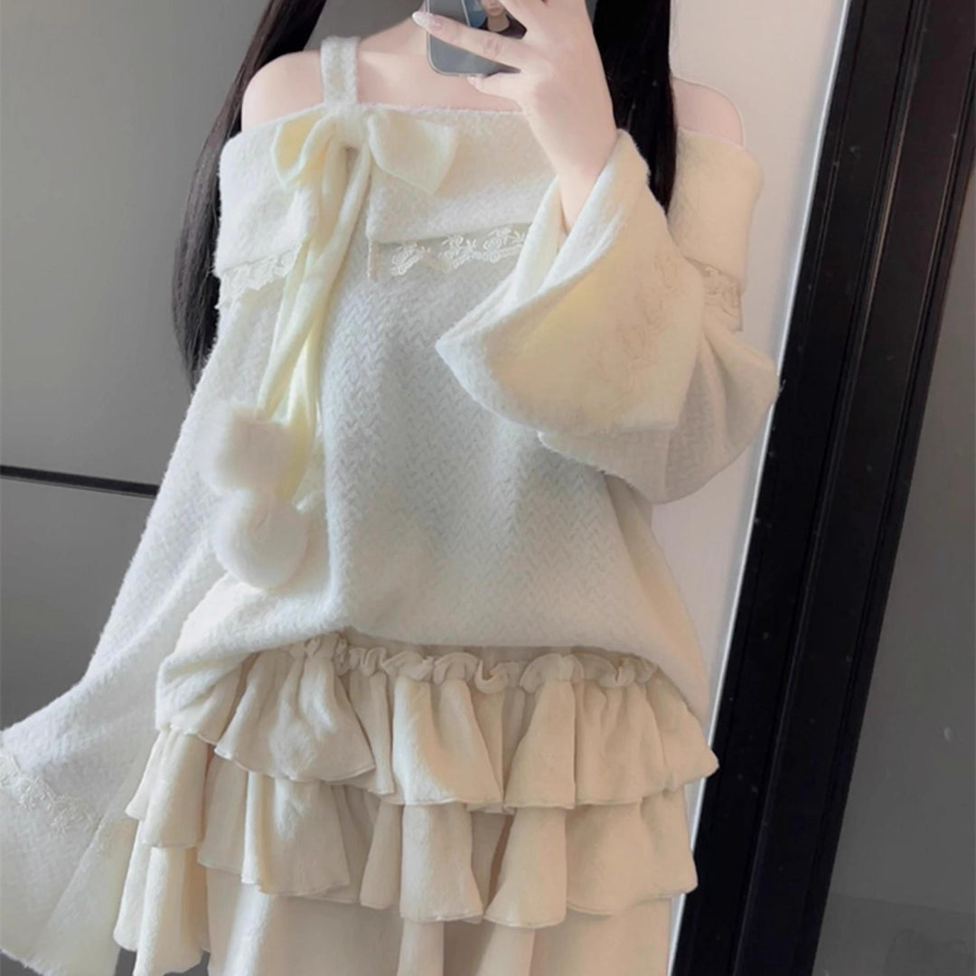 Jirai Kei Sweater White Off-Shoulder Sweater Tiered Skirt 40074:649826