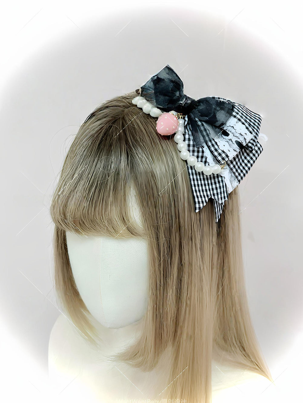 Ryousangata Plaid Strawberry Headband, Adjustable Bow 43647:782293