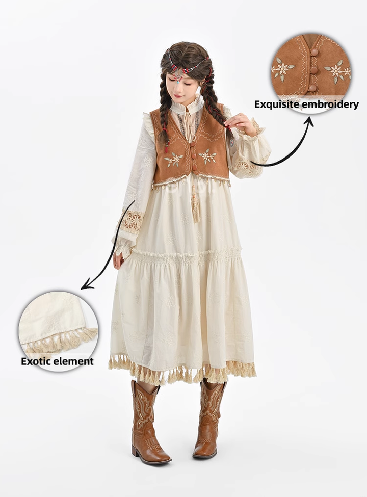 Mori Kei Dress Set Bohemian Vest With Tassels Ethnic Dress 39268:645130