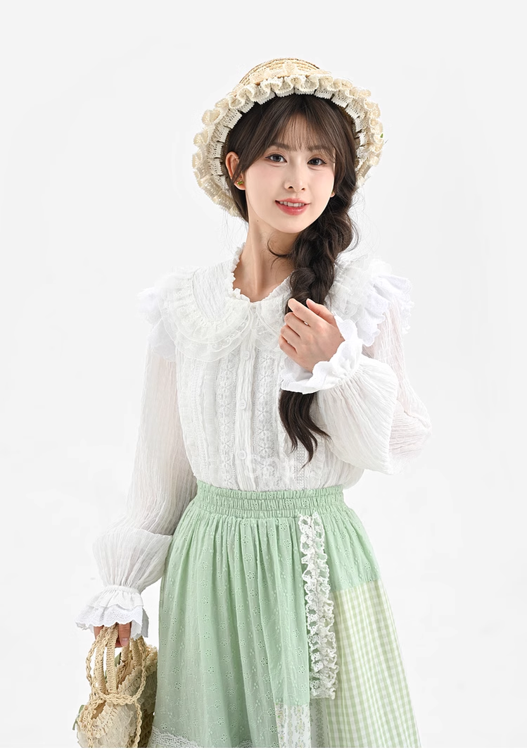 Mori Kei Blouse Lace Patchwork Shirt White Top 39290:631620