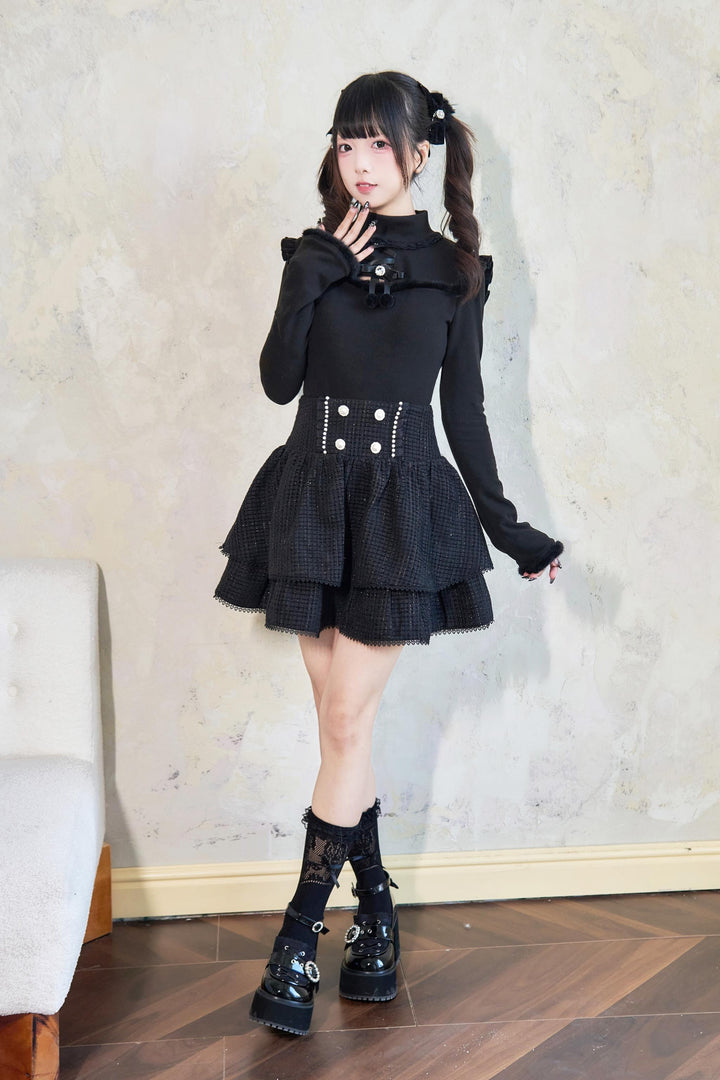 Jirai Kei Sweater Bow Decoration Knit Fleece Frill Top 41404:696688