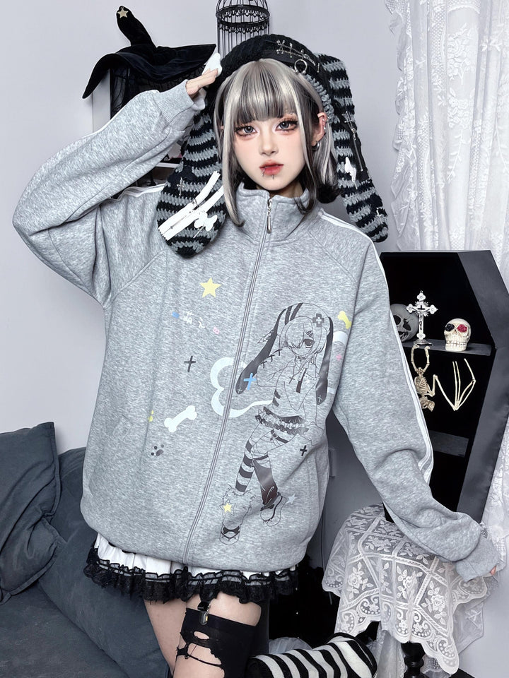 Plus Size Kawaii Jacket Grey Stand Collar Hoodie 35340:489234 35340:489234