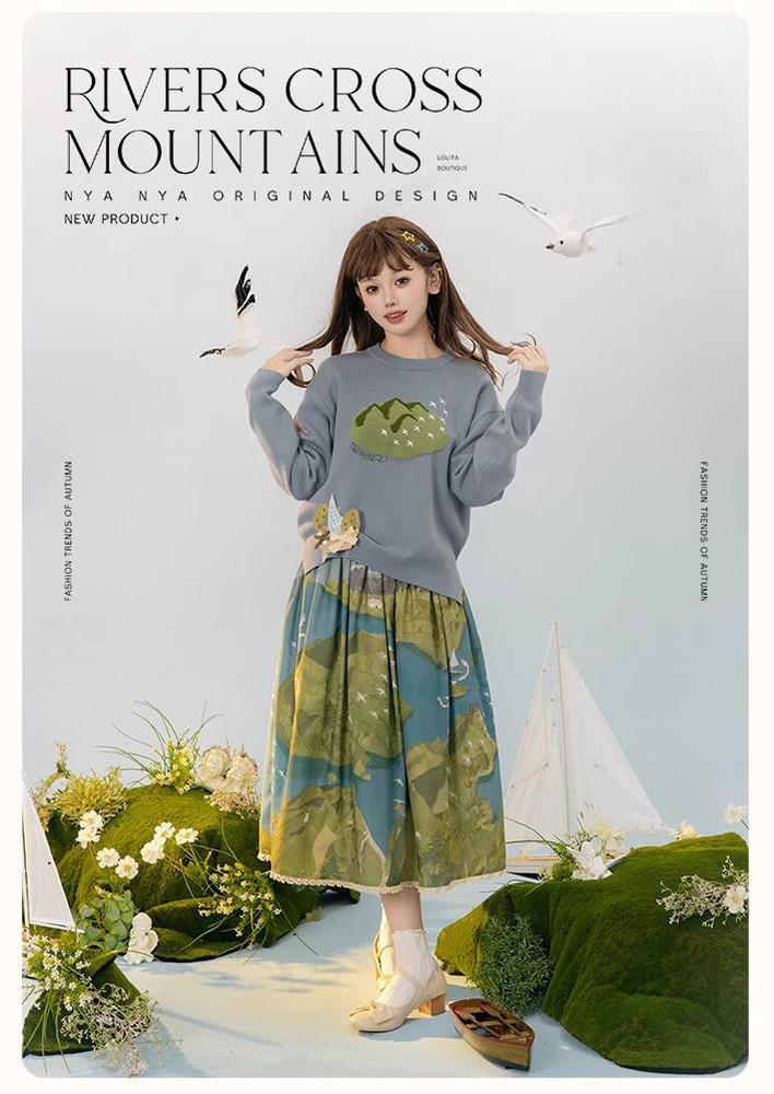 Lolita Dress Rivers Cross Mountains Print Lolita Dress Set 39412:627154