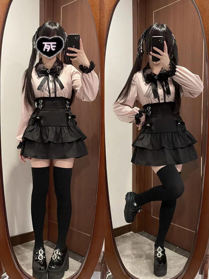 Jirai Kei Lace Shoulder Blouse + High-Waisted Tiered Skirt 43503:778811