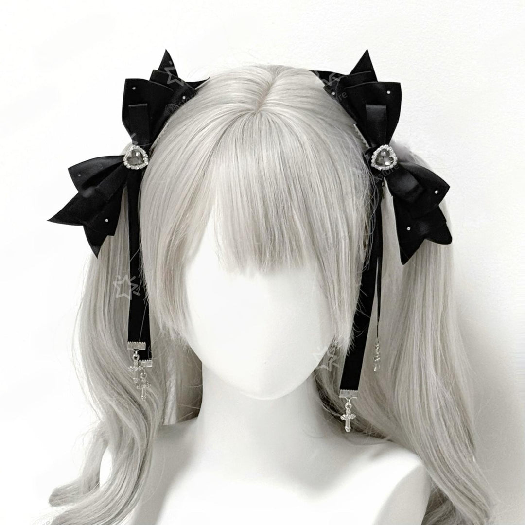 Jirai Kei Bow Hair Clips, Heart Rhinestone and Cross 45703:858918