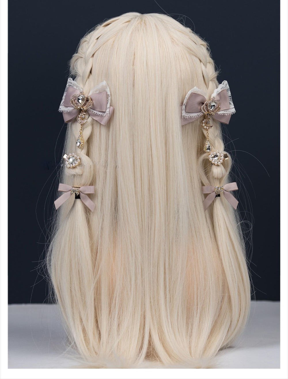 Jirai Kei Bow Hair Clips, Rhinestone Crown and Pearl Chain 44194:802753