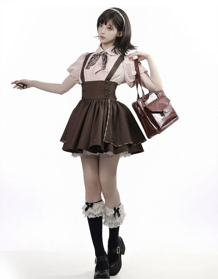 Academia Bubble Sleeve Blouse, Elastic Waist Suspender Skirt 45875:866405