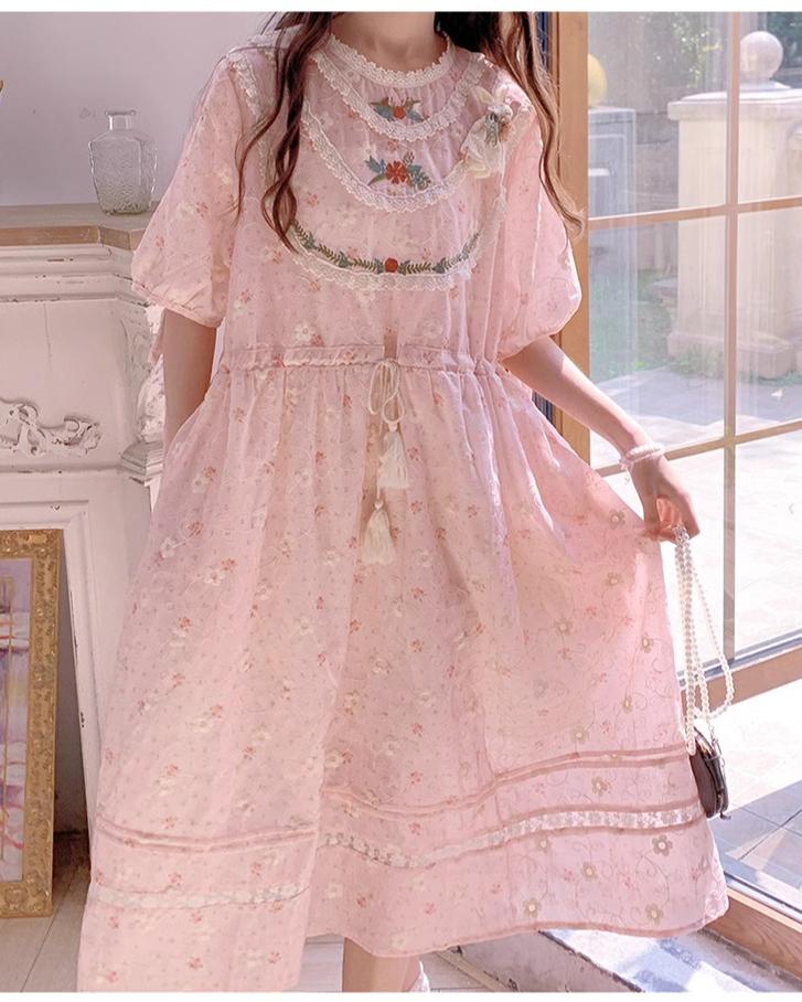 Mori Kei Dress Pink Floral Dress Short Sleeve Dress 36208:523660