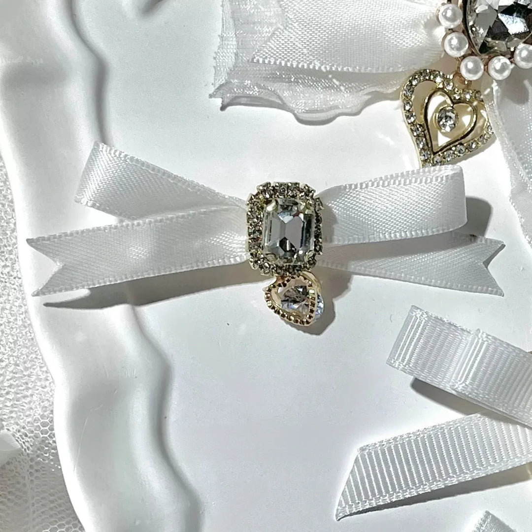 Jirai Kei Bow Hair Clips Set, Rhinestone & Pearl Accent 45776:866490