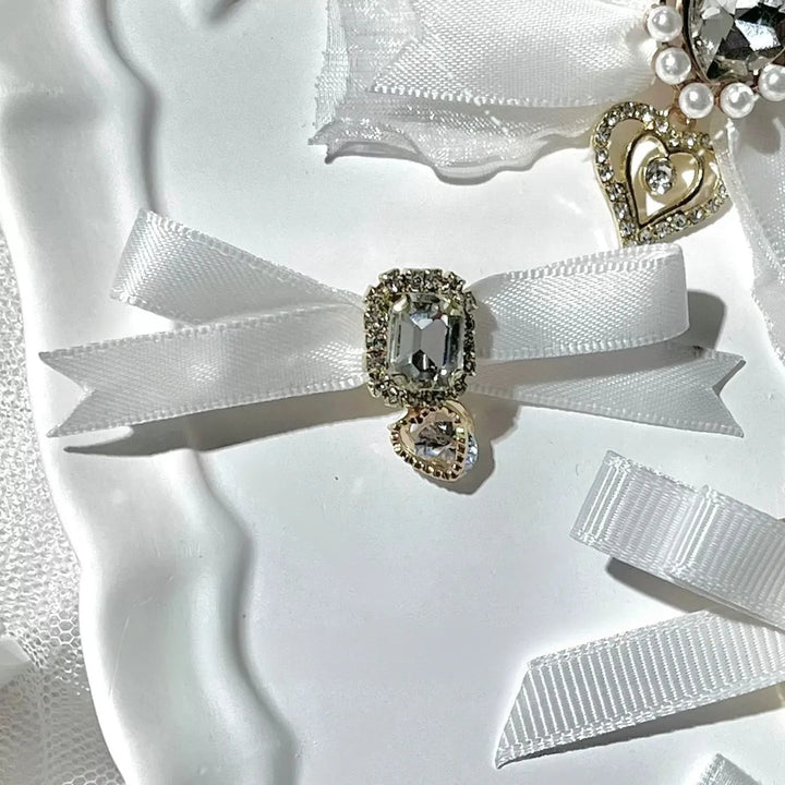 Jirai Kei Bow Hair Clips Set, Rhinestone & Pearl Accent 45776:866490