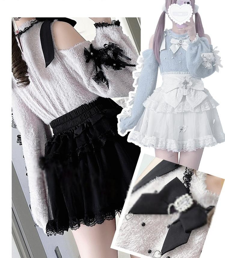 Jirai Kei Open Shoulder Plush Sweater, Tiered Skirt 44565:813001