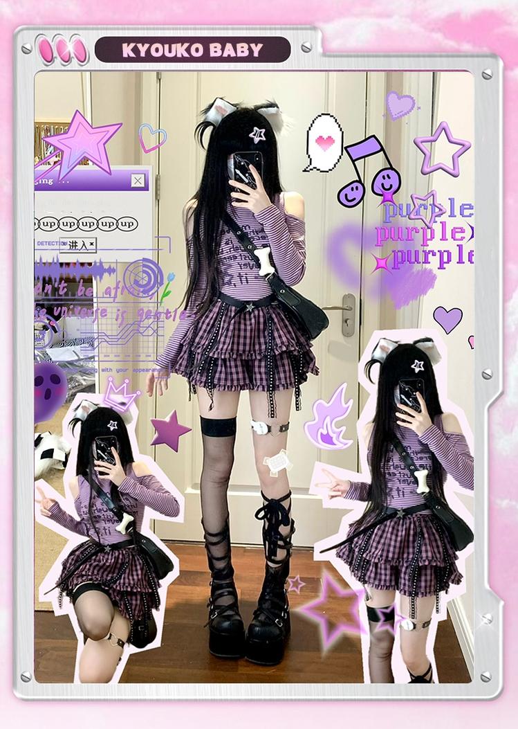 Jirai Kei Outfit Set Purple Bunny Ears Top Plaid Skirt 35824:506604 35824:506604