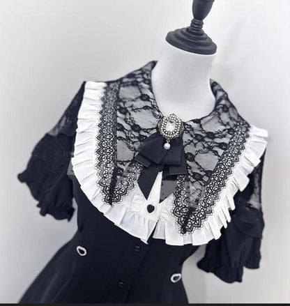 Jirai Kei Full Set Short Sleeve Puritan Collar Black Dress Set 37842:573638