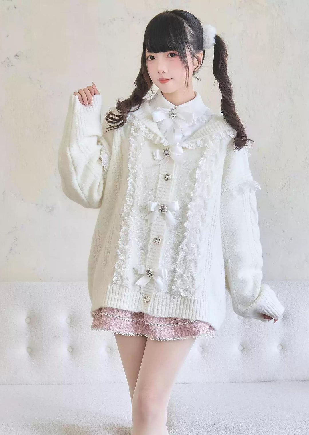 Jirai Kei Sweater Lace Sailor Collar Cardigan With Bows 41682:711790