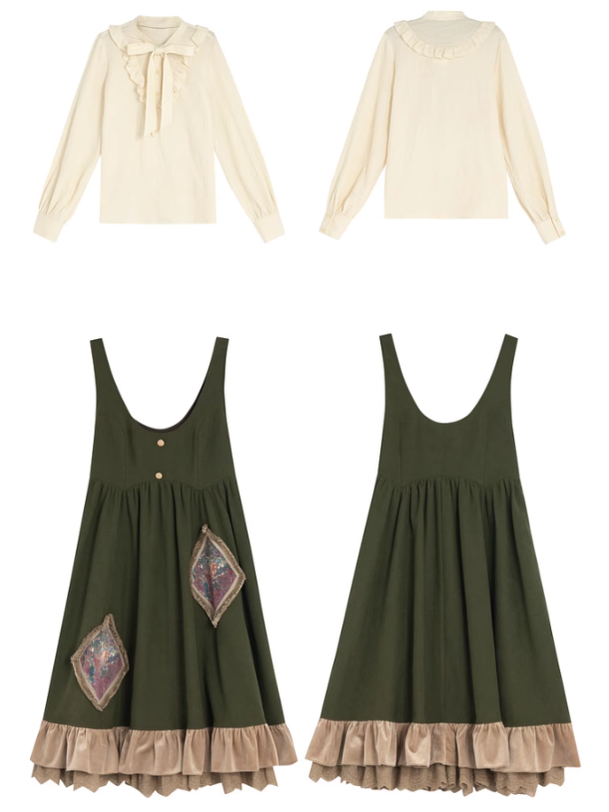 Mori Kei Dress Green Suspender Dress Apricot Blouse 39312:643750