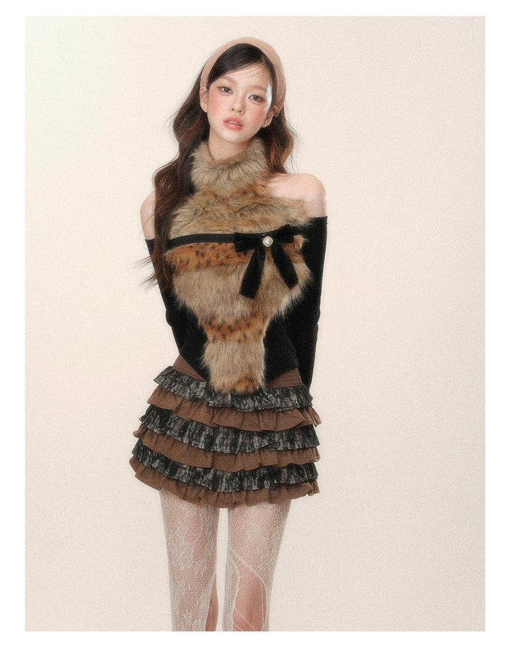 Gyaru Sweater Black-Brown Sexy Leopard Off-Shoulder Knit Top 41794:719414