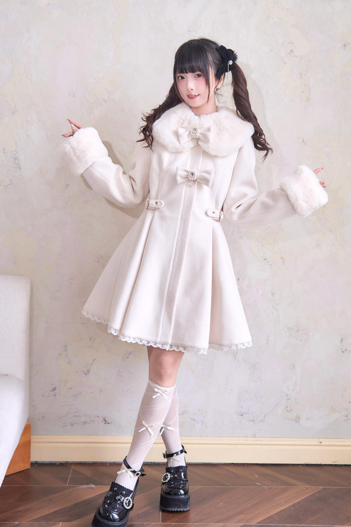 Jirai Kei Winter Coat Fur Collar Lace Coat With Bows 41410:698170