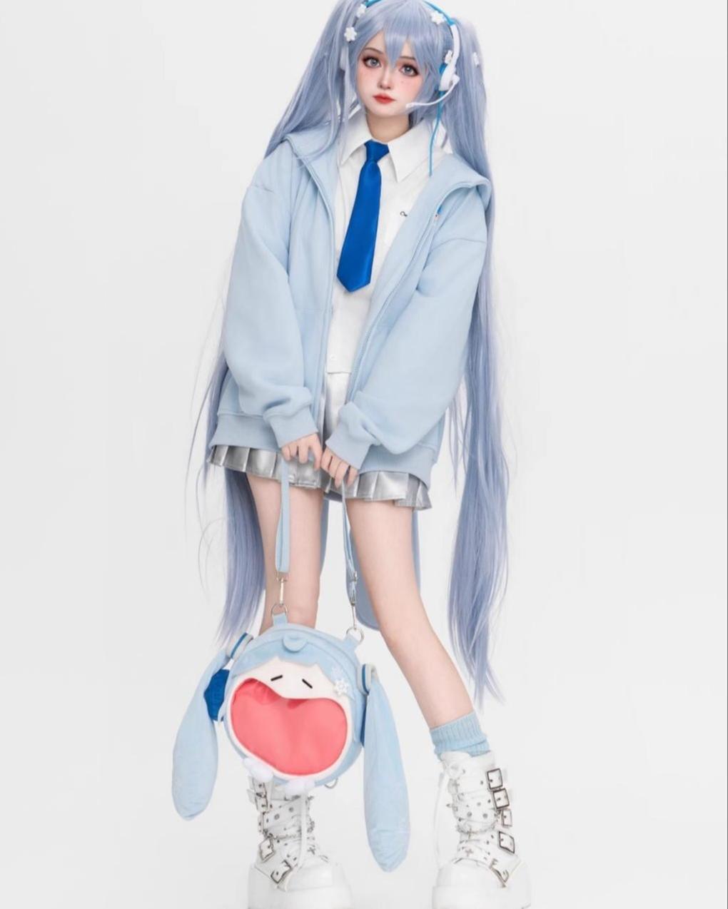 Kawaii Jacket Detachable Bunny Ears Hoodie Pleated Skirt 42014:723934