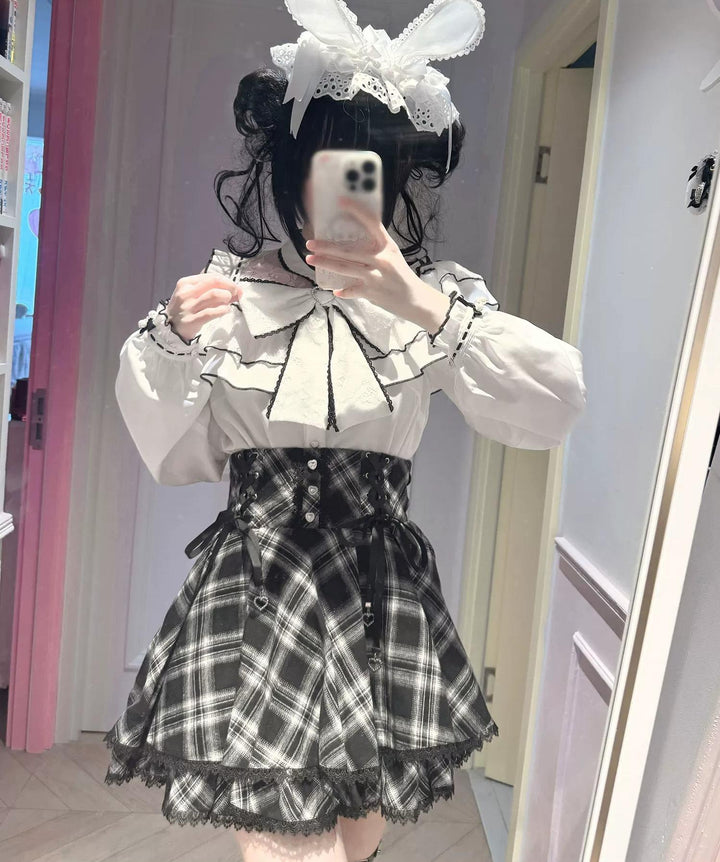Jirai Kei Plaid Skirt, Ruffled Neckline Chiffon Blouse 45935:868740
