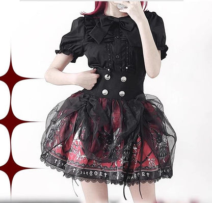 Black Lolita Skirt High-Waisted Print Skirt With Lace Trim (L M S) 37562:563878