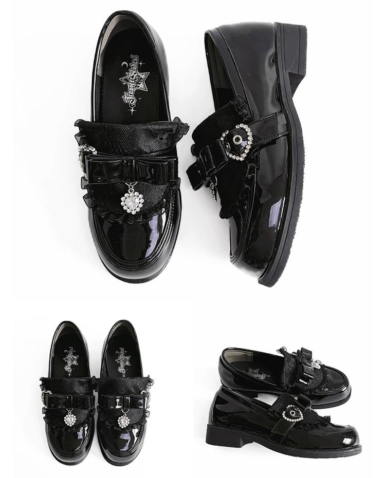 Jirai Kei Low-Heel Loafer Shoes, Rhinestones & Bow 43944:790338