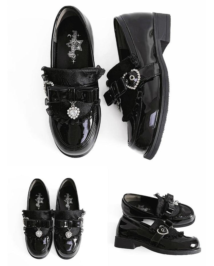 Jirai Kei Low-Heel Loafer Shoes, Rhinestones & Bow 43944:790338