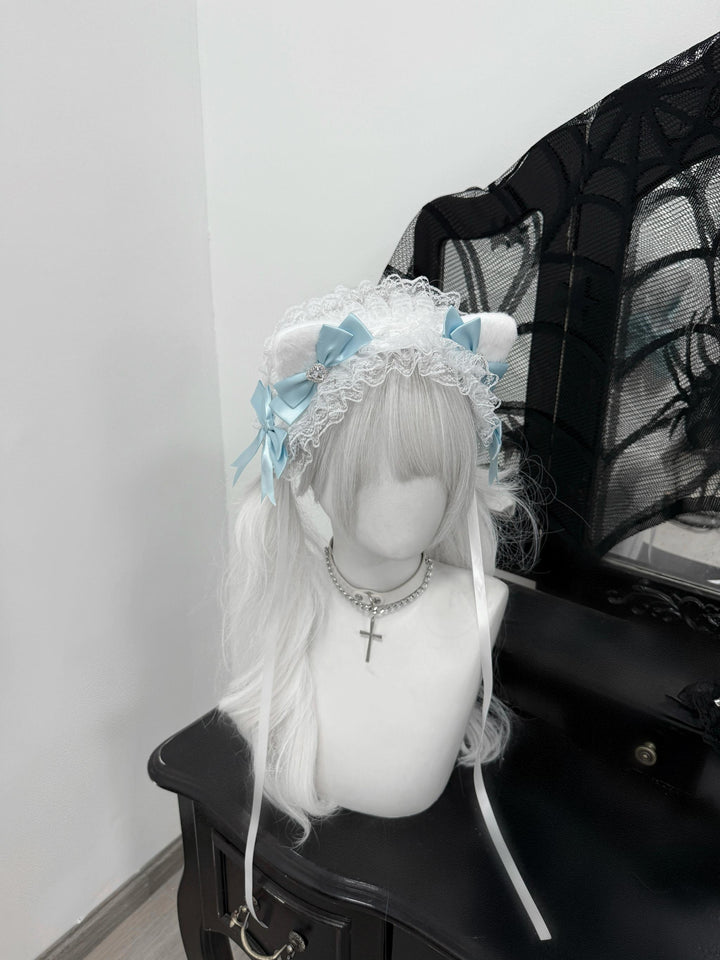 Jirai Kei Headband With Furry Cat Ear & Lace & Rhinestones 43075:767121