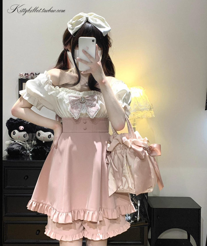 Puff Sleeve Jirai Kei Dress with Lace Bow and Shorts (Pink / F) 43072:766141