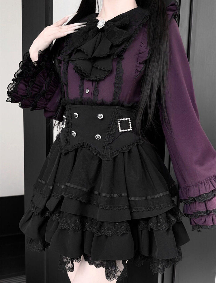 High-Waisted Jirai Kei Skirt, Lace Hem 44810:822758