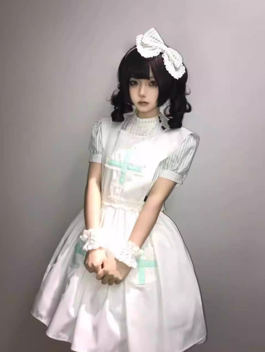 Old School Lolita Striped Dress, Cross Apron 45136:836825