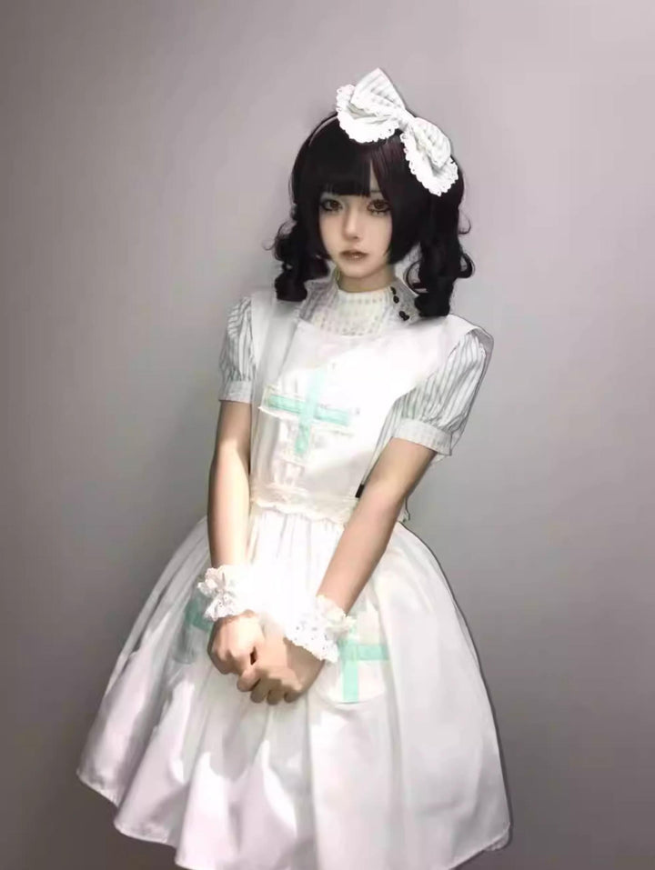Old School Lolita Striped Dress, Cross Apron 45136:836825