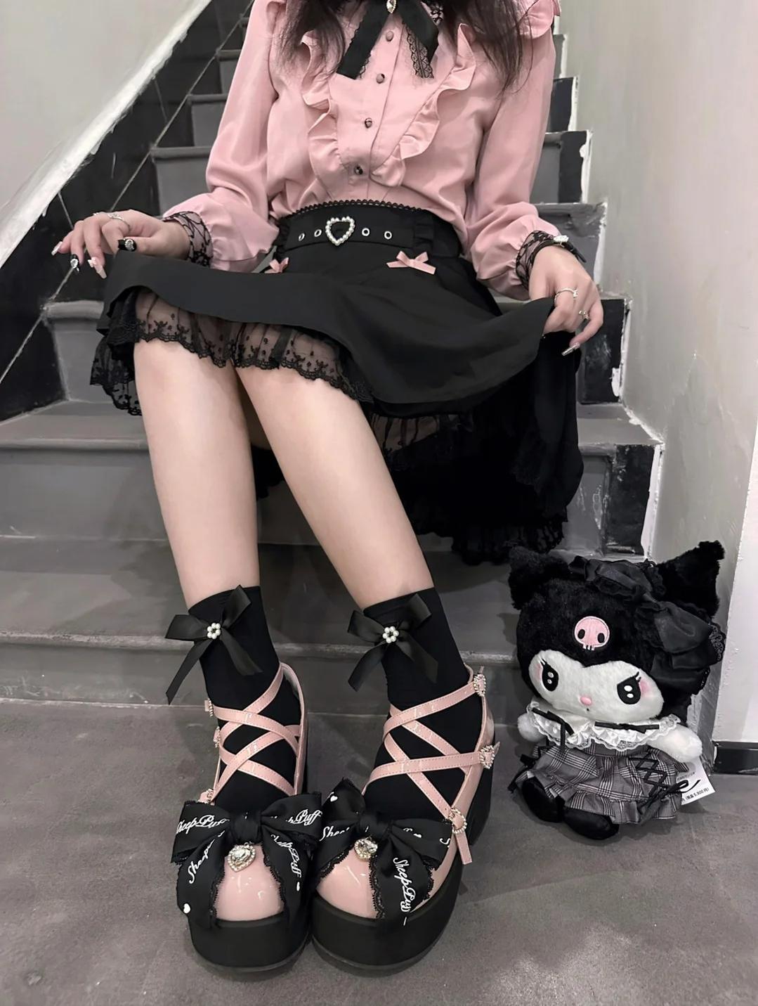 Jirai Kei Shoes Black Pink Platform Shoes Bow Buckle Shoes 21984:631702