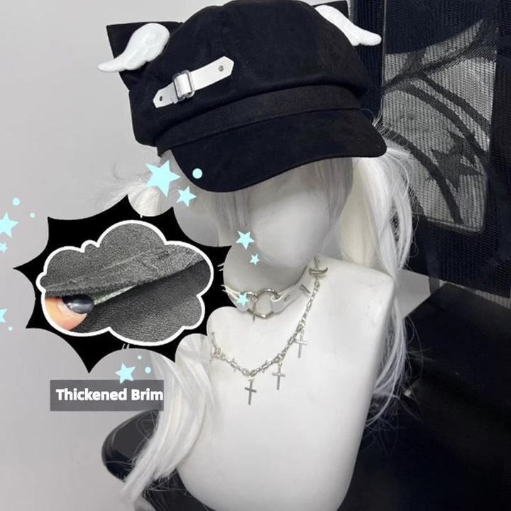 Jirai Kei Hat Blue Black Detachable Wings Cat Ear Beret (M) 40038:802478