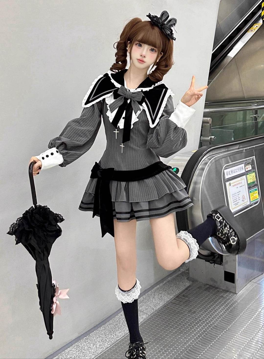 Kawaii Lolita Dress Grey OP With Long Bunny Ears and Plush Ball 42320:738133